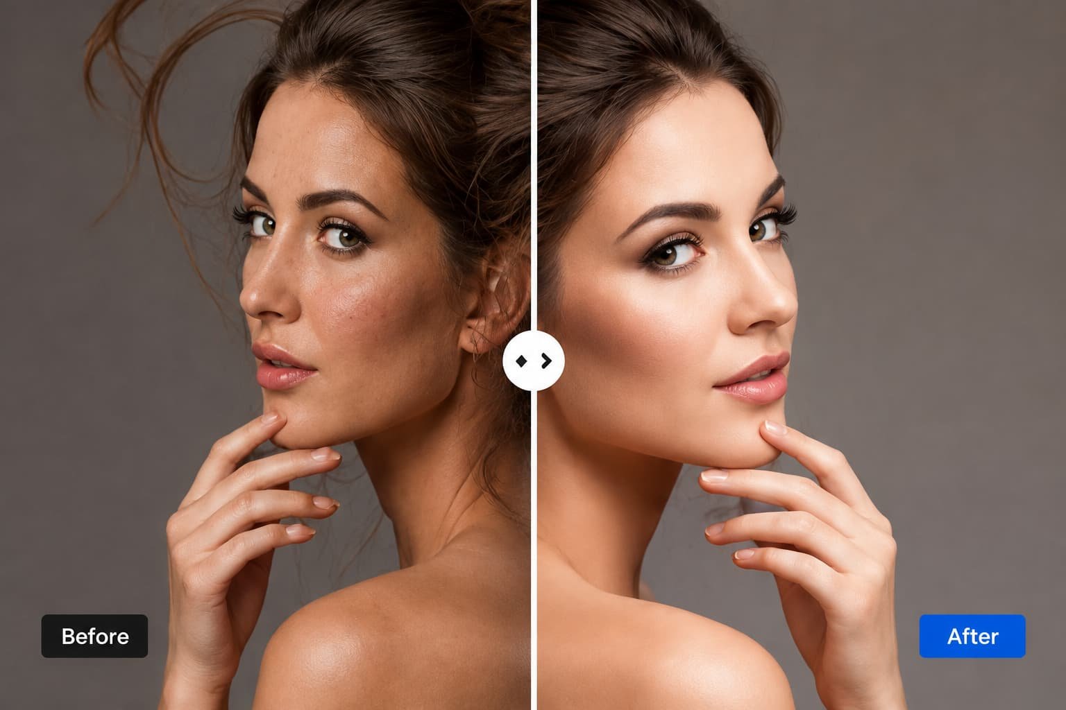 Before and after professional photo retouching showing a woman's portrait